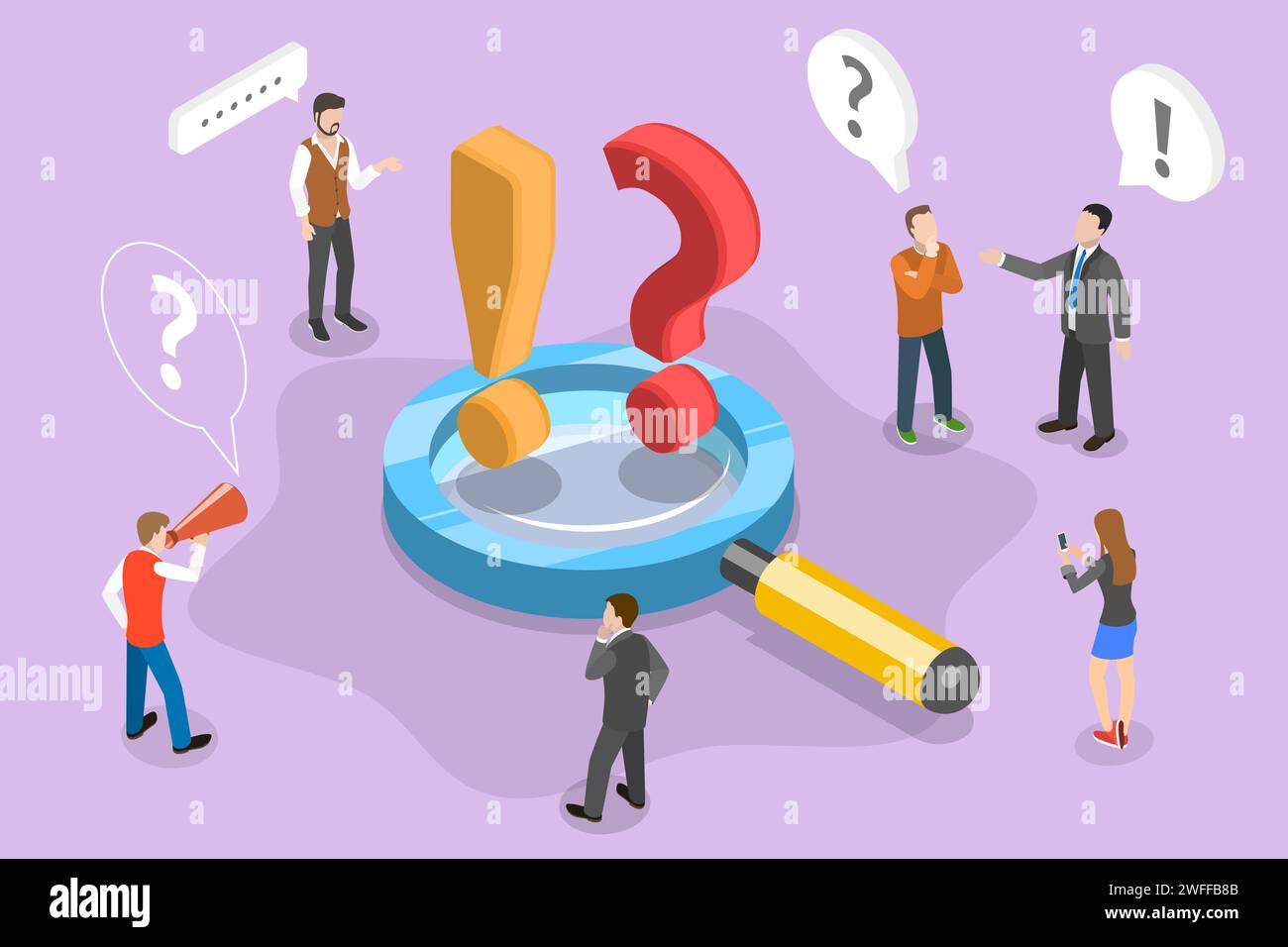 Isometric Vector Concept Illustration of Frequently Asked Questions. People are Asking Questions and Getting Answers Standing Around the Magnifying Gl Stock Vector