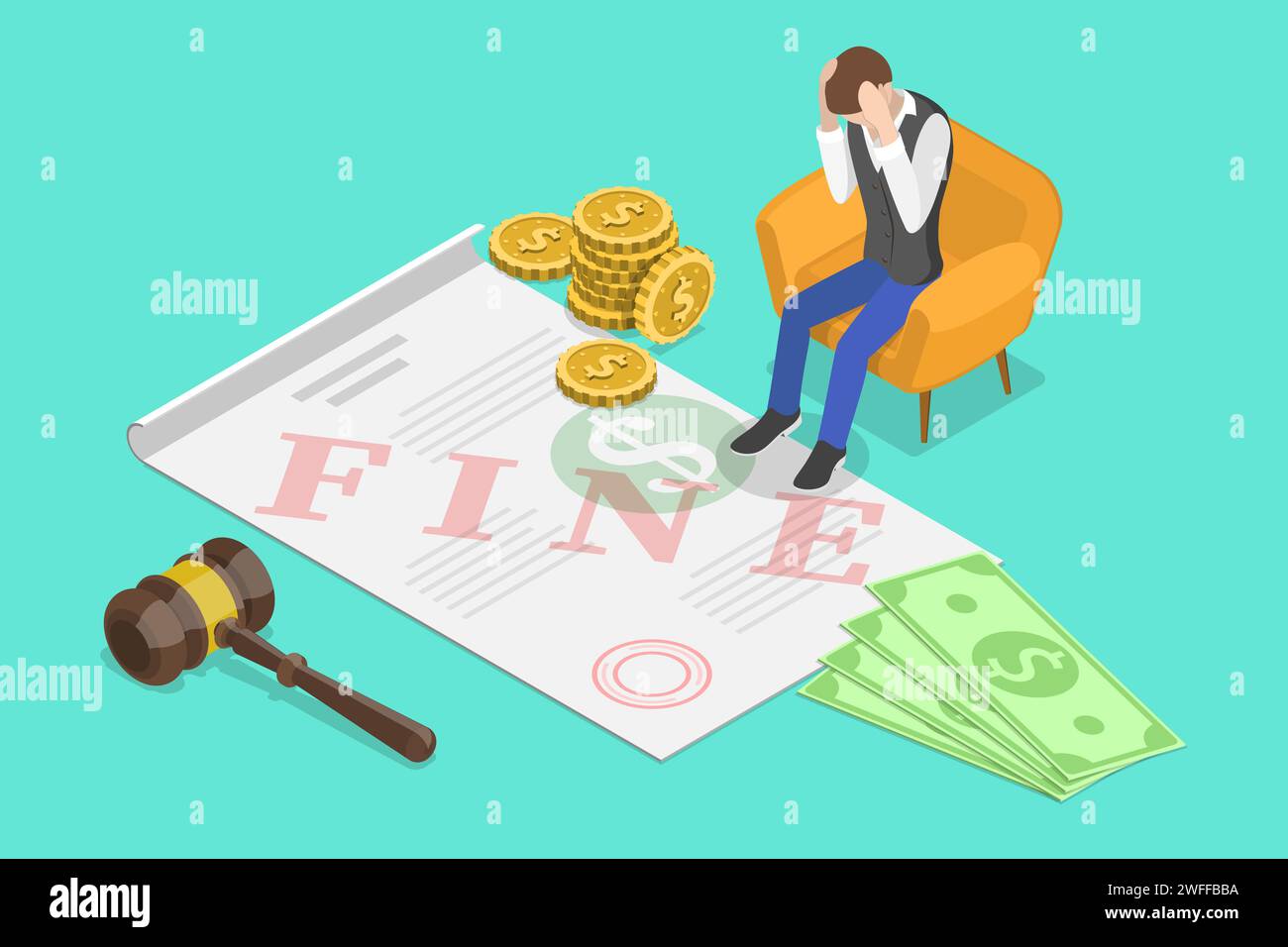 Isometric Vector Concept of Fine or Penalty. A Sad Man is Sitting Next to the Fine Document. Stock Vector