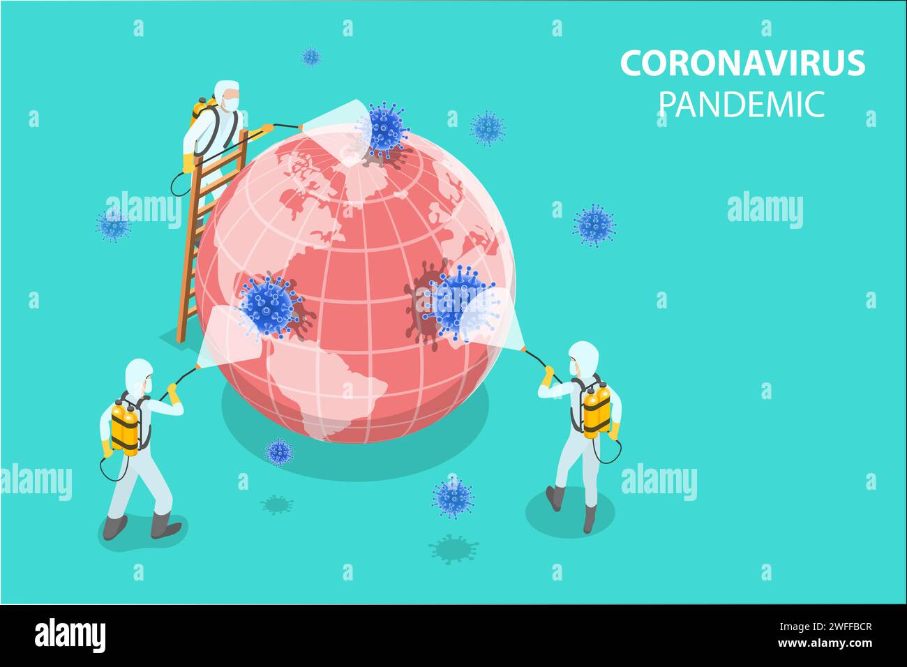 3D Isometric Flat Vector Concept of Scientists are Disinfecting Coronavirus Cells, Preventive Measures Due to Covid-19, 2019-nCov Virus Outbreak. Stock Vector