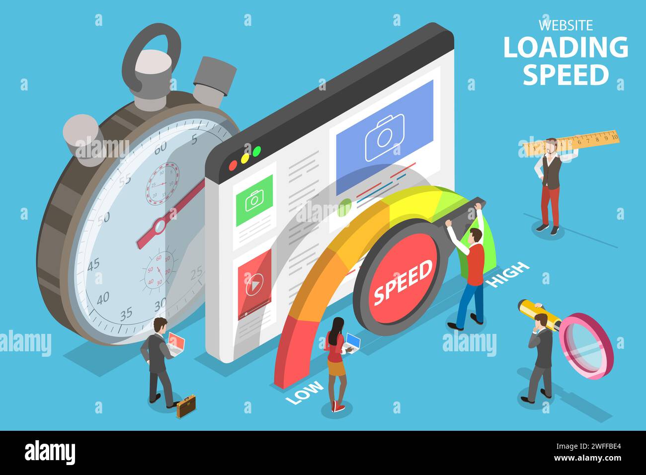 Website Loading Optimization, Page Speed and SEO. 3D Isometric Flat Vector Conceptual Illustration. Stock Vector