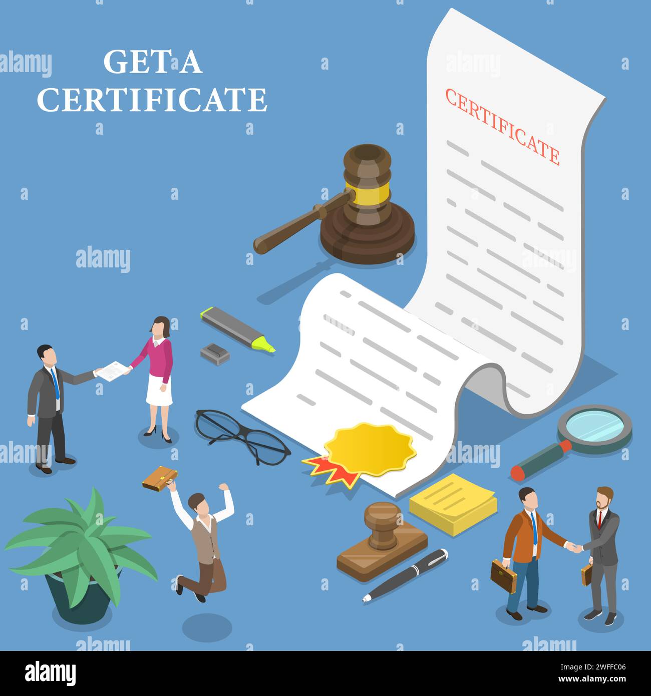 3D Isometric Flat Vector Conceptual Illustration of Get a Certificate, Winning a Competition, Getting a Prize for Achievement. Stock Vector