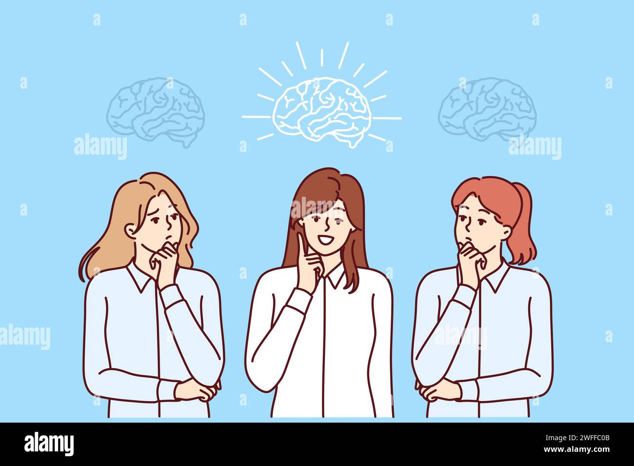 Woman leader came up with idea during team brainstorming session at corporate meeting. Girl with high IQ is ahead colleagues when developing new ideas for business development and attracting clients. Stock Vector