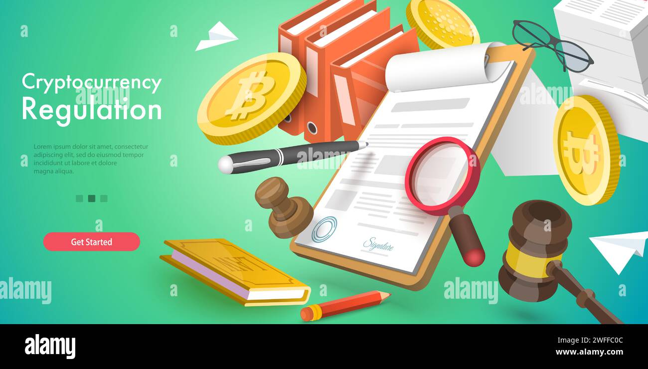 3D Vector Conceptual Illustration of Cryptocurrency Regulation, Digital Currency Legislation, Legislative Control. Stock Vector