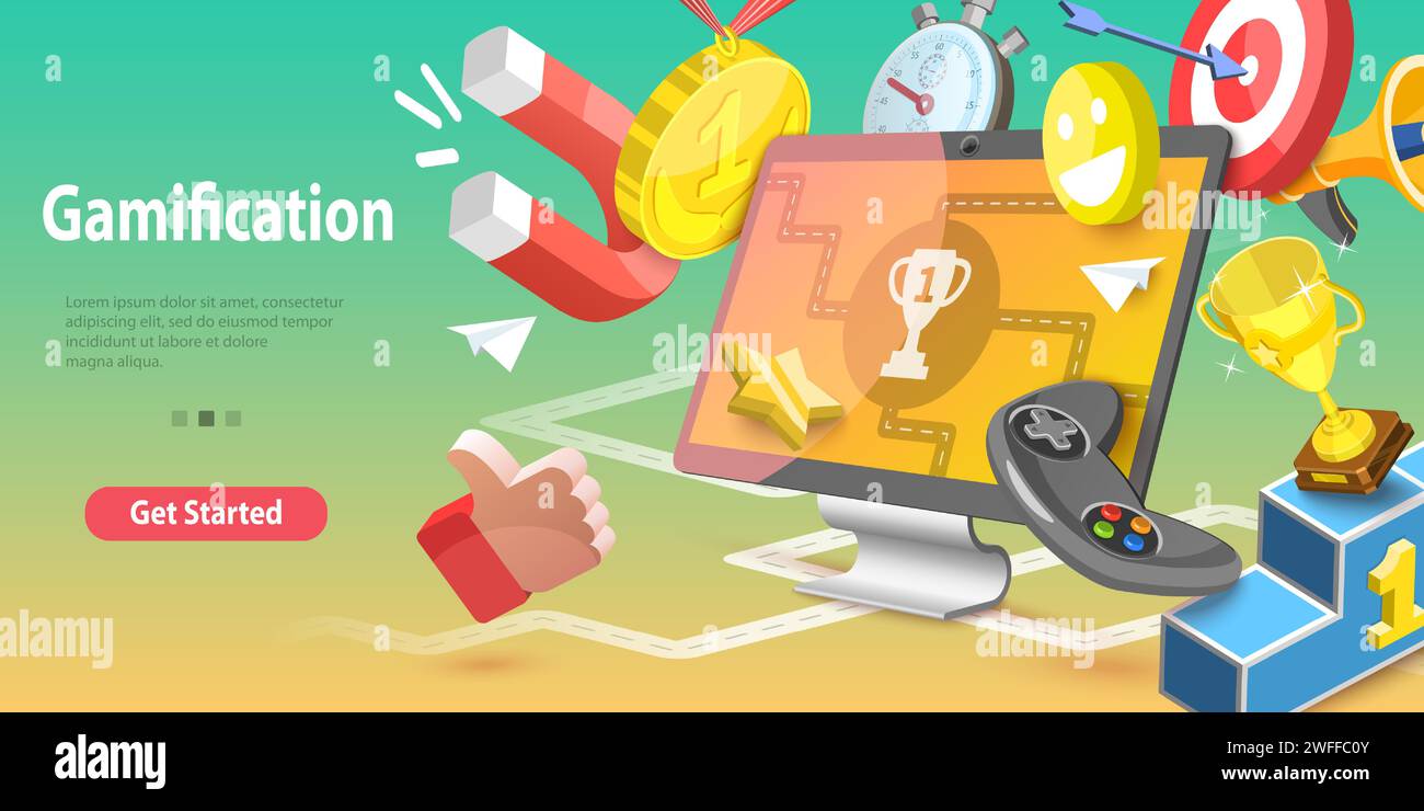 3D Vector Conceptual Illustration of Gamification, Interactive Content, Customer Engagement. Stock Vector