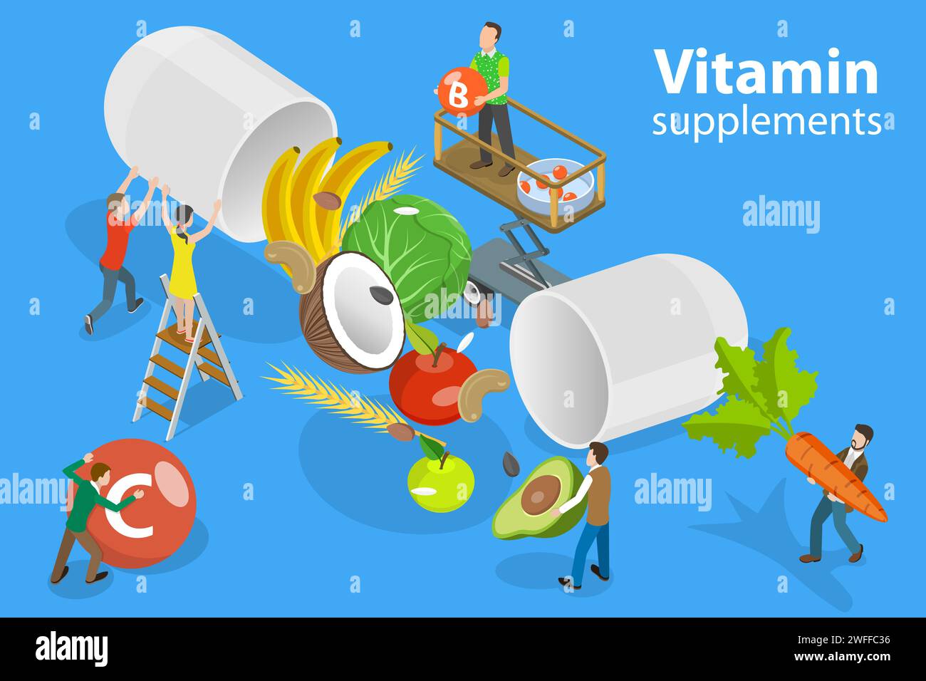 3D Isometric Flat Vector Conceptual Illustration of Nutritional Supplement, Vitamins and Dietary Supplements. Stock Vector