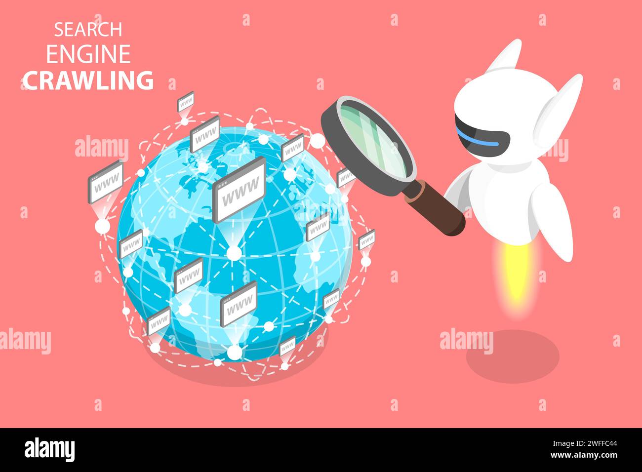 3D Isometric Flat Vector Concept of Search Engine Crawling Bot, SEO Algorithm, Web Page Optimization. Stock Vector