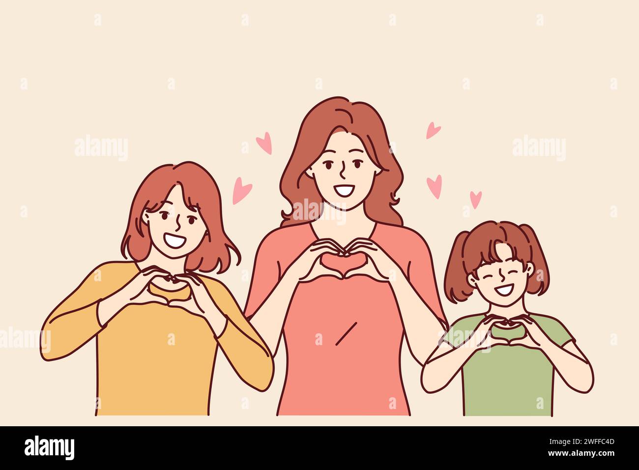 Congratulations on women day from women of different ages showing heart gesture and congratulating you on march 8th. Mom and daughters celebrate international women day or take pride in family unity Stock Vector