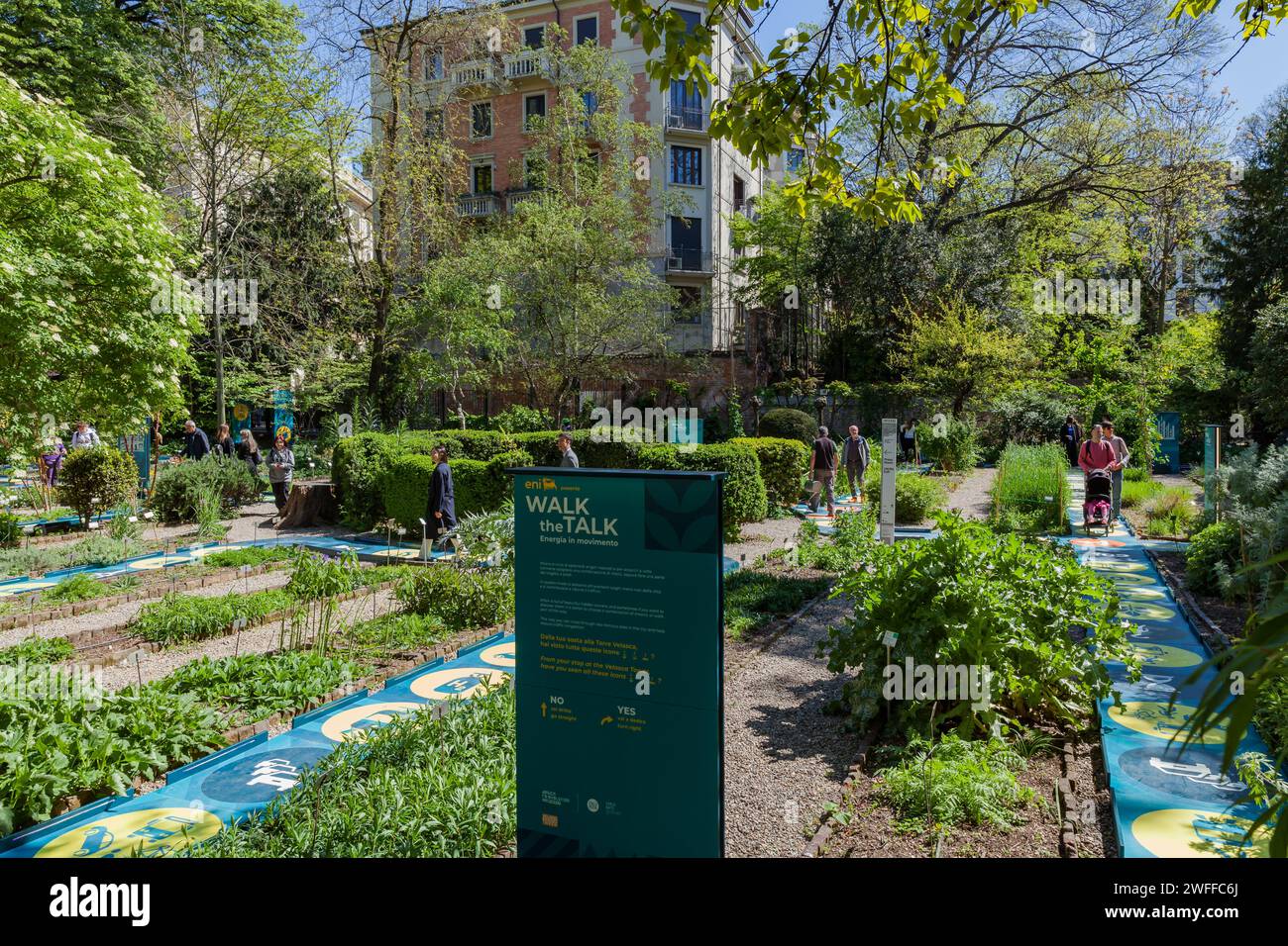 MILAN, ITALY- 04 17 2023: Eni puts energy in motion with artistic Installation “Walk the Talk”, transforms the Brera Botanical during the design week Stock Photo