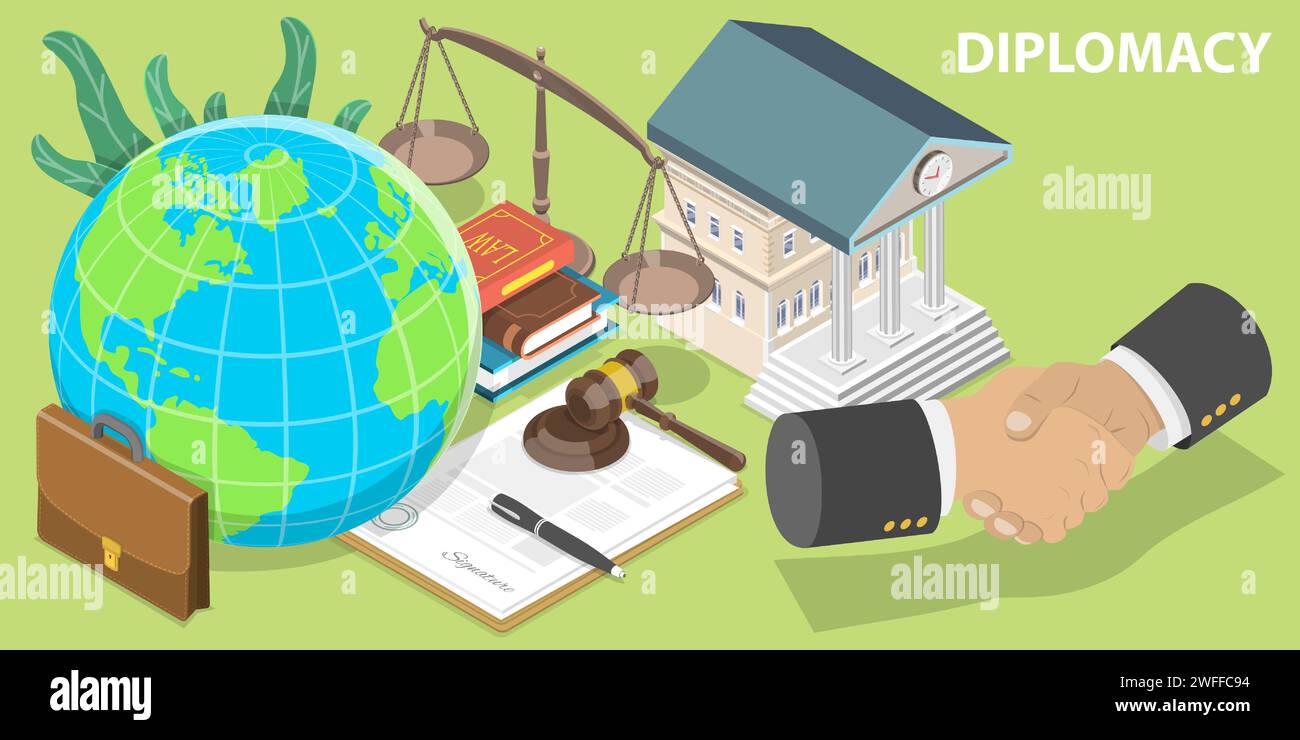 3D Isometric Flat Vector Conceptual Illustration of Diplomacy, International Negotiation and Cooperation. Stock Vector