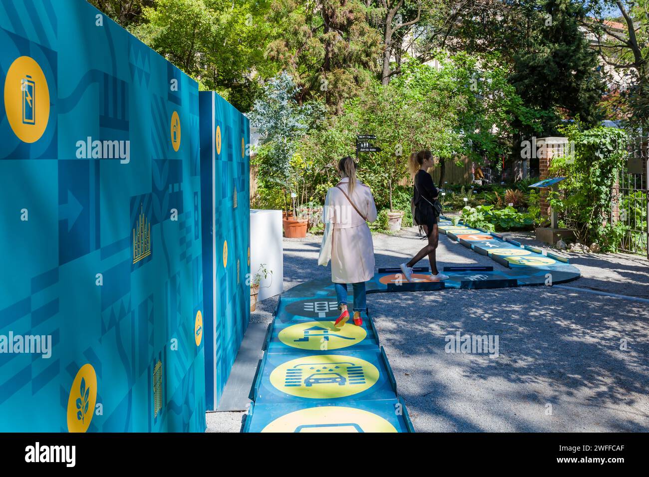 MILAN, ITALY- 04 17 2023: Eni puts energy in motion with artistic Installation “Walk the Talk”, transforms the Brera Botanical during the design week Stock Photo
