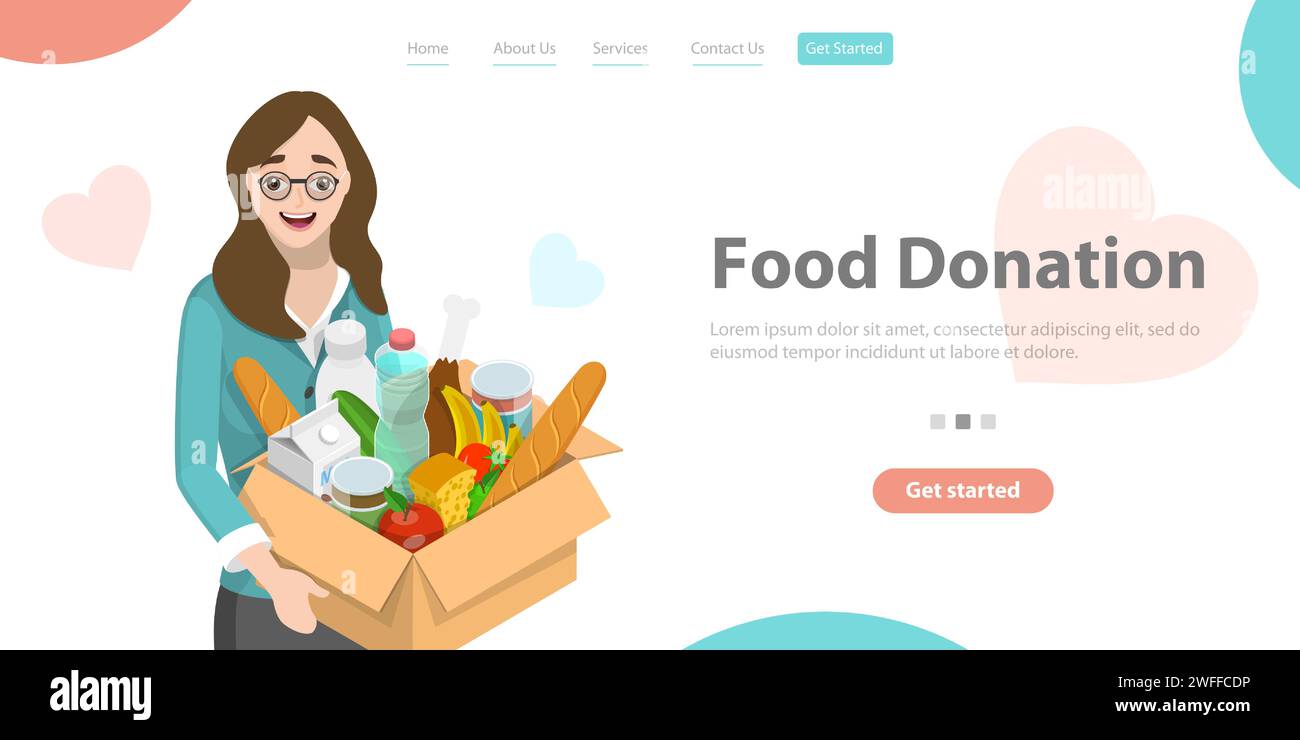 3D Isometric Flat Vector Landing Page of Food Donation, Poor People Support, Volunteering and Charity. Stock Vector