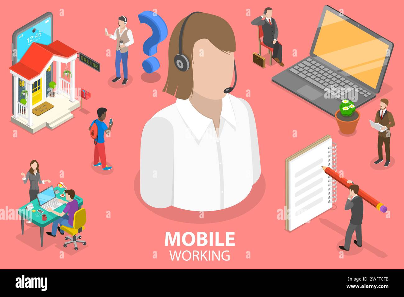 3D Isometric Flat Vector Conceptual Illustration of Mobile Working, Online Job, Support Service. Stock Vector