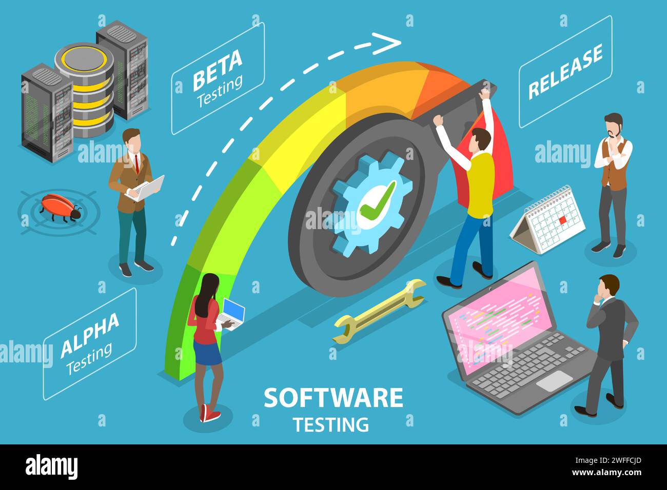 3D Isometric Flat Vector Conceptual Illustration of Software Development and Testing, Quality Assurance Stock Vector