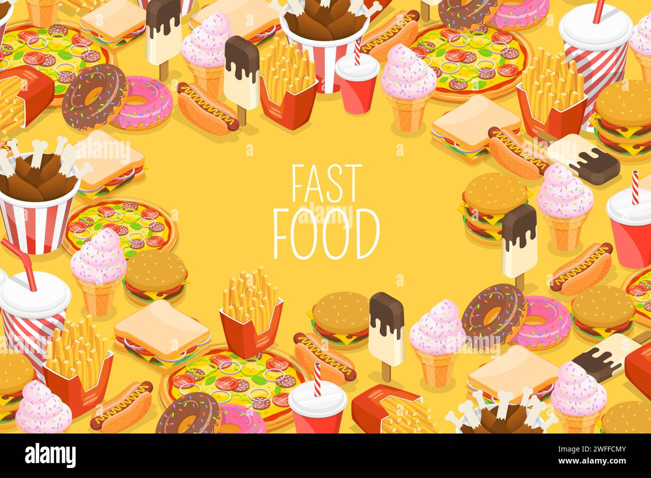 Fast Food Background with Hot Dog, Ice Drink, Burger, Donut, Ice Cream