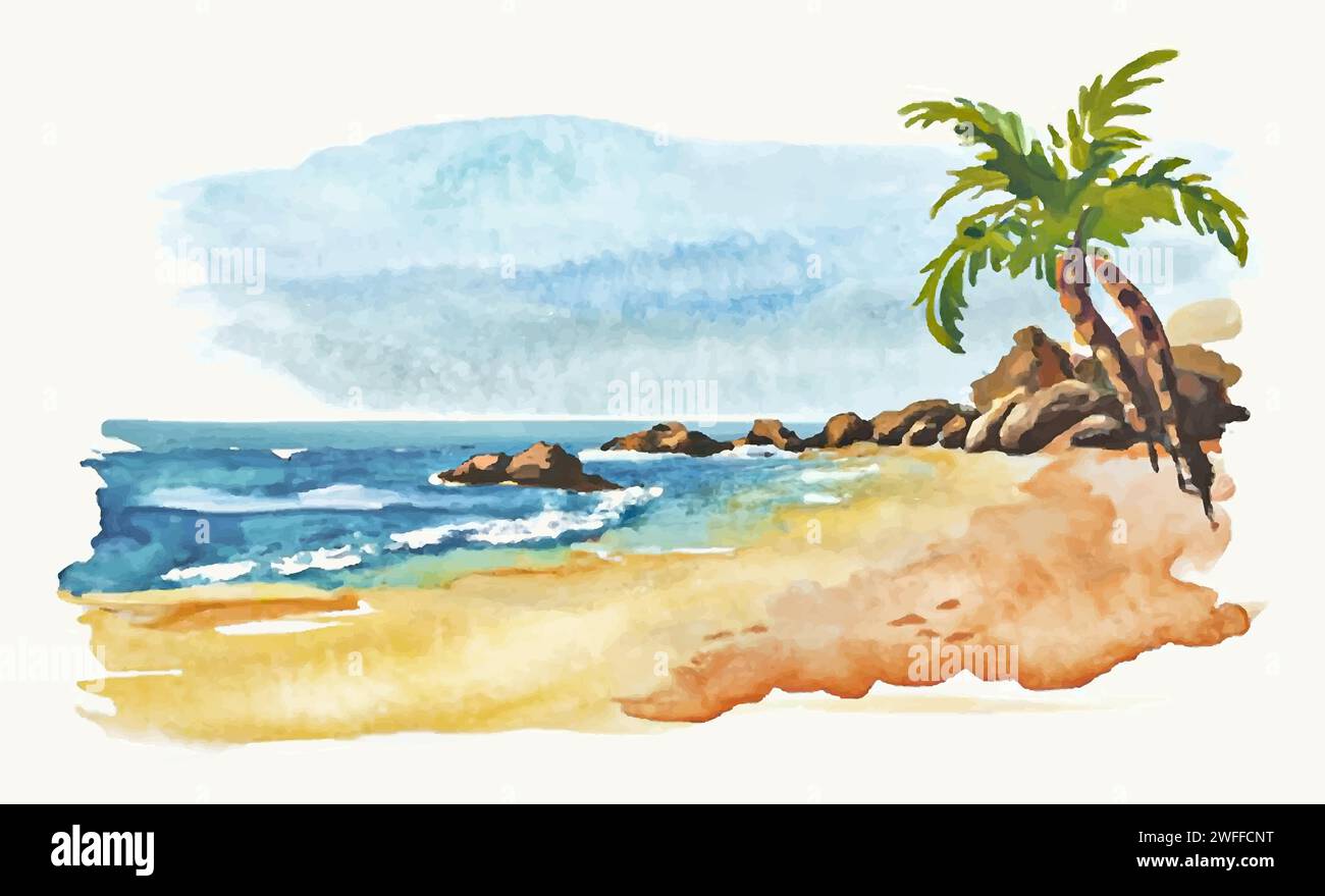Beautiful tropical beach. Hand drawn watercolor illustration on white ...