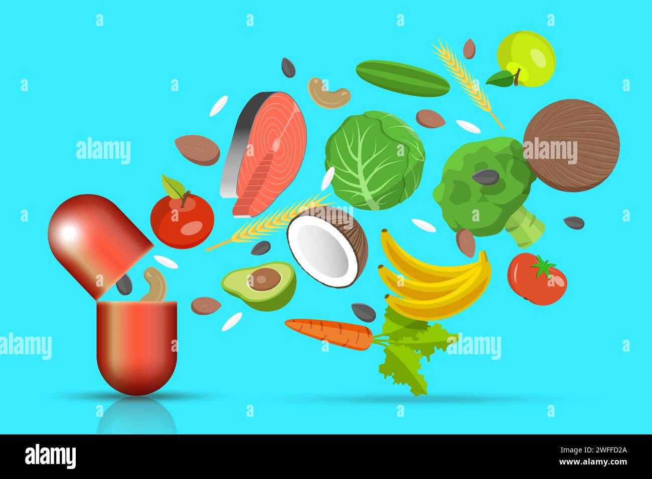 Nutritional Supplement, Vitamins and Dietary Supplements. 3D Isometric Flat Vector Conceptual Illustration. Stock Vector