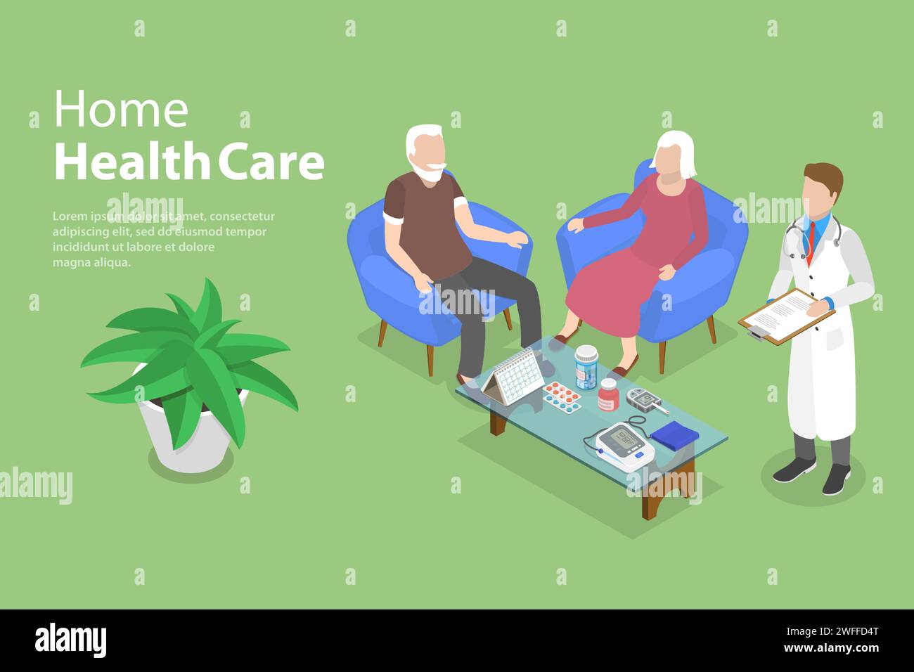 3D Isometric Flat Vector Conceptual Illustration of Home Healthcare, Elderly Care Stock Vector