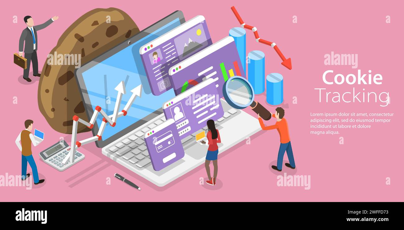3D Isometric Flat Vector Conceptual Illustration of Website Cookie Tracking, Internet Cookies Technology Stock Vector