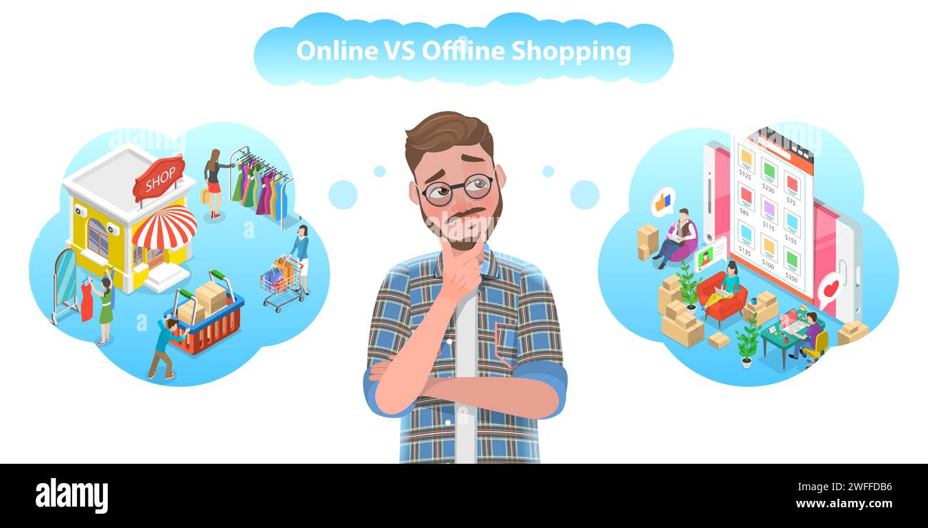 Vector Conceptual Illustration of Online vs Ofline Shopping, Pros and ...