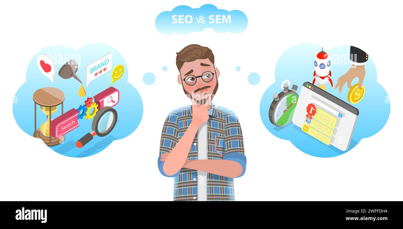 Vector Conceptual Illustration of SEO vs SEM, Difference between Search Engine Optimization and Search Engine Marketing. Stock Vector