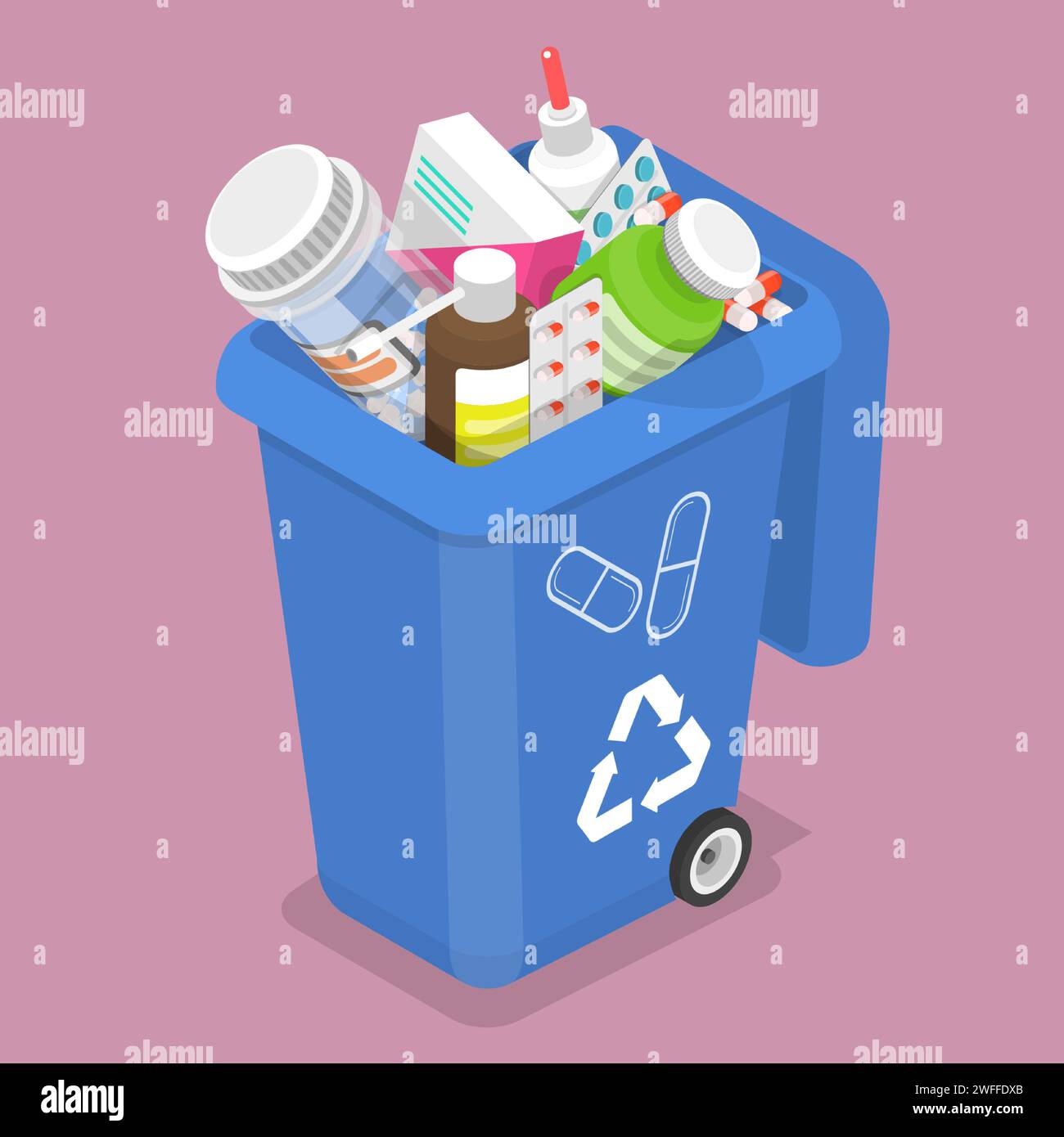 3D Isometric Flat Vector Illustration of Container for Expired and Unused Drugs. Stock Vector