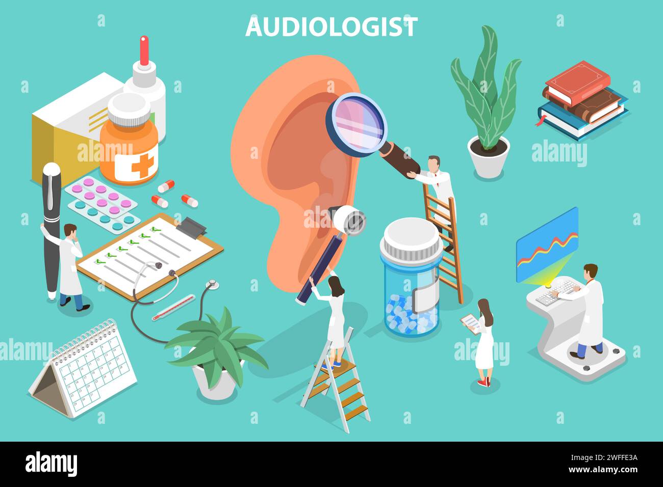 3D Isometric Flat Vector Conceptual Illustration of Audiology, Deafness and Hearing Loss Treatment. Stock Vector