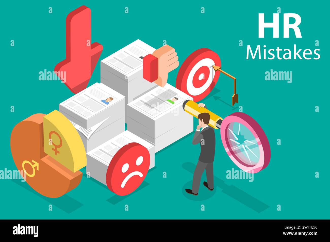 3D Isometric Flat Vector Conceptual Illustration of Human Resources Mistakes. Stock Vector