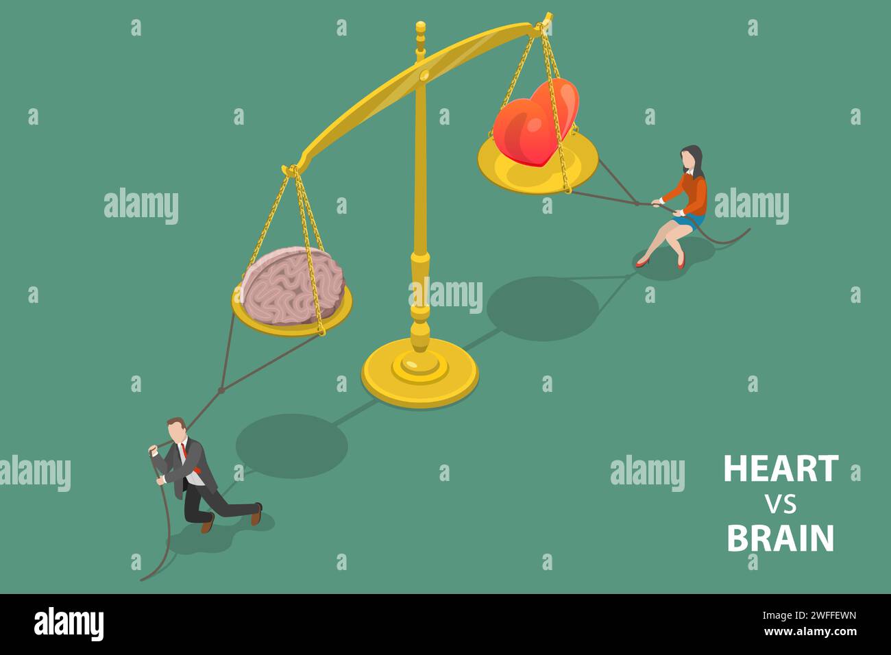 3D Isometric Flat Vector Conceptual Illustration of Brain vs Heart