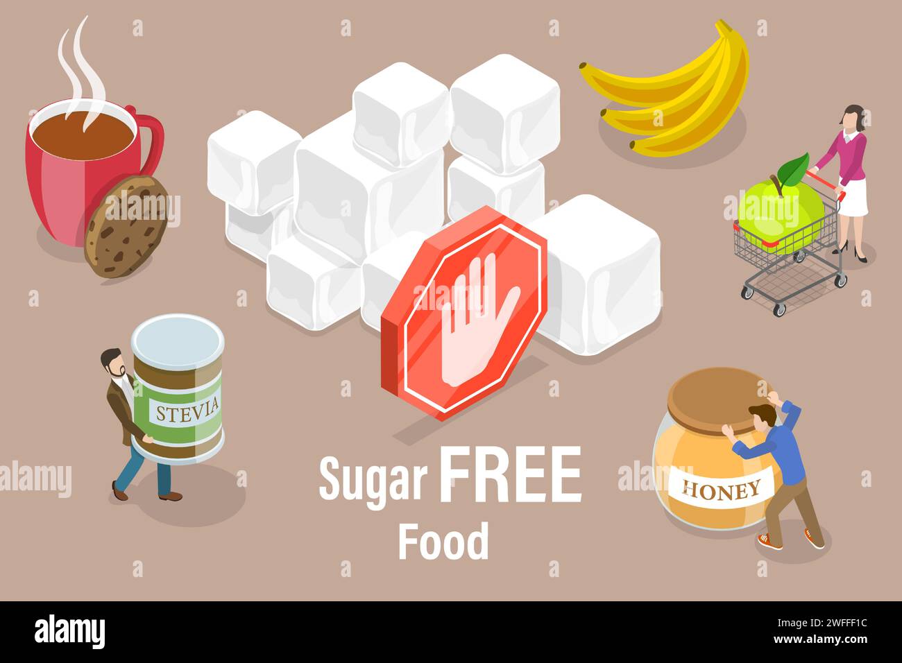 3D Isometric Flat Vector Conceptual Illustration of Sugar Free Food, Natural Sweeteners. Stock Vector