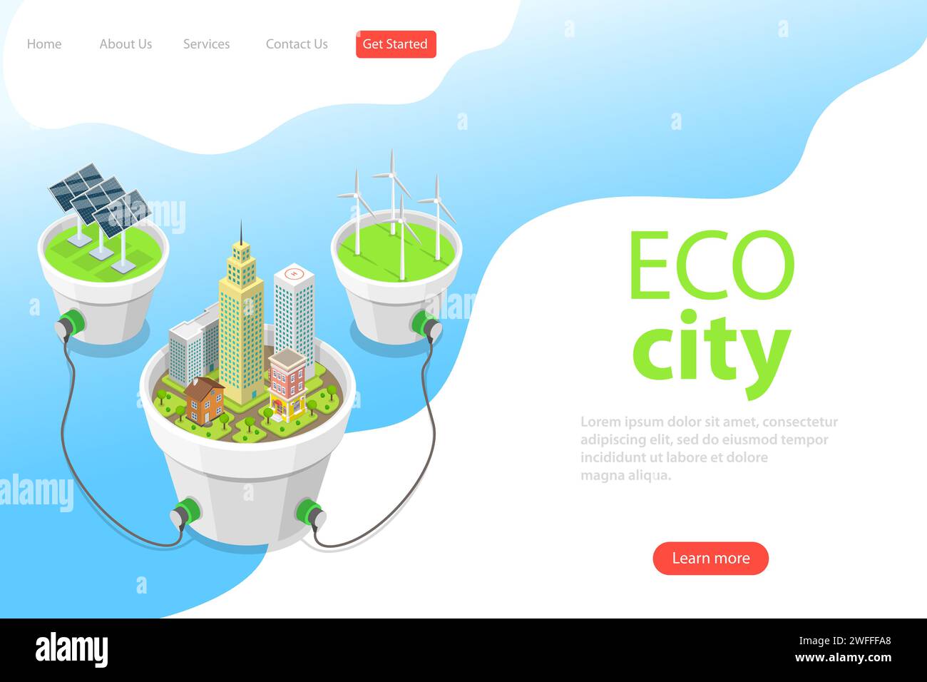 Flat isometric vector landing page template of eco city, solar panels ...