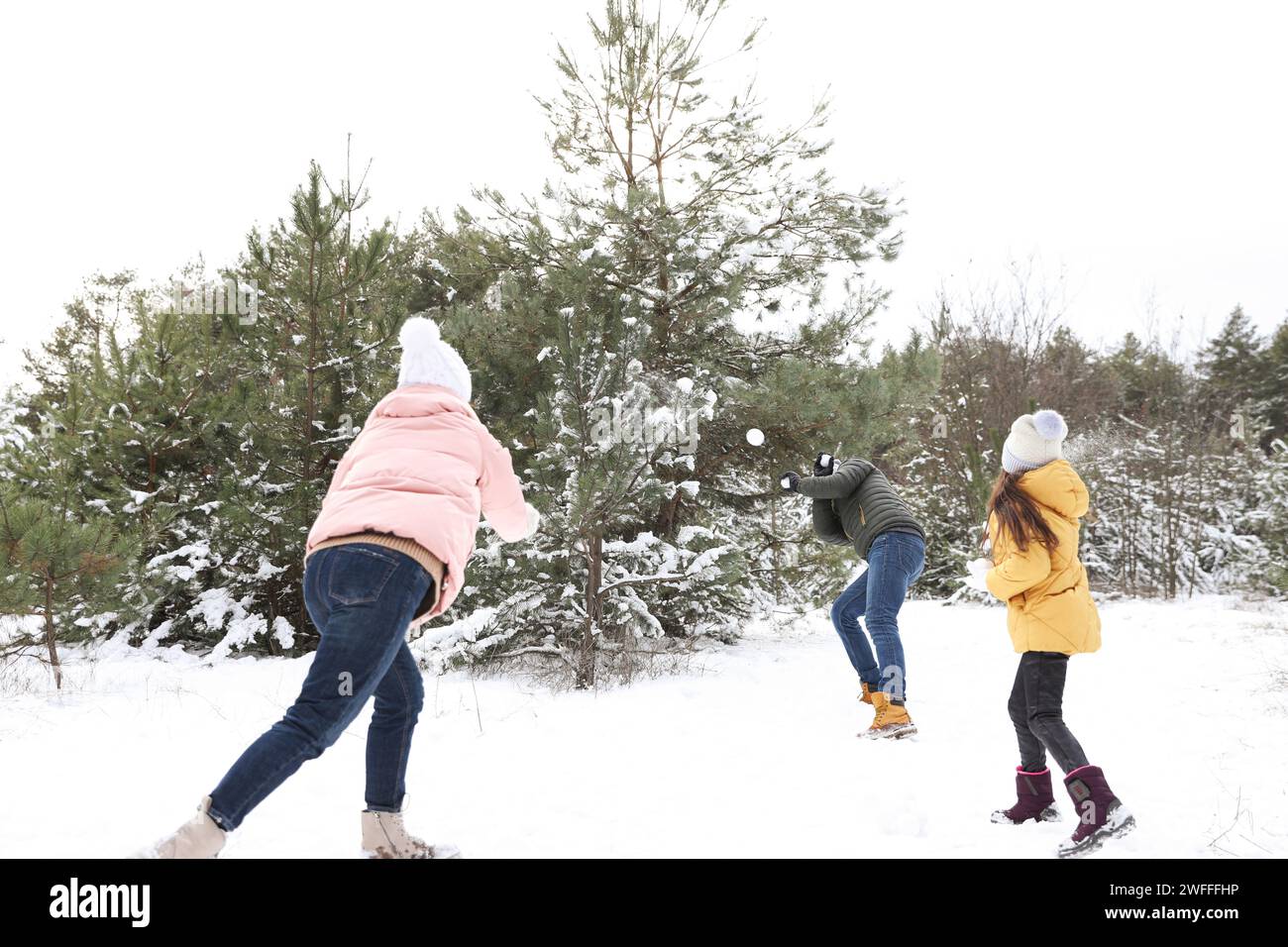 Happy family having snowball fight outdoors on winter day. Christmas vacation Stock Photo