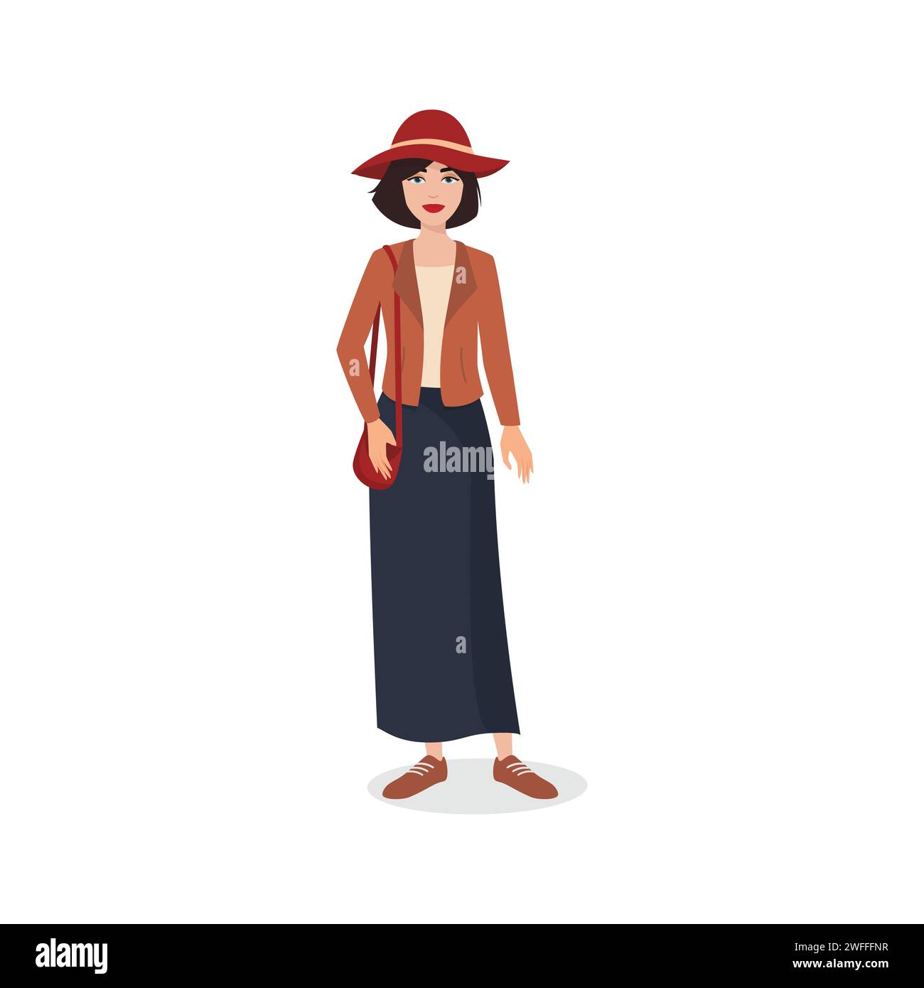 Stylish young woman wearing hat and jacket, female character standing vector illustration Stock Vector