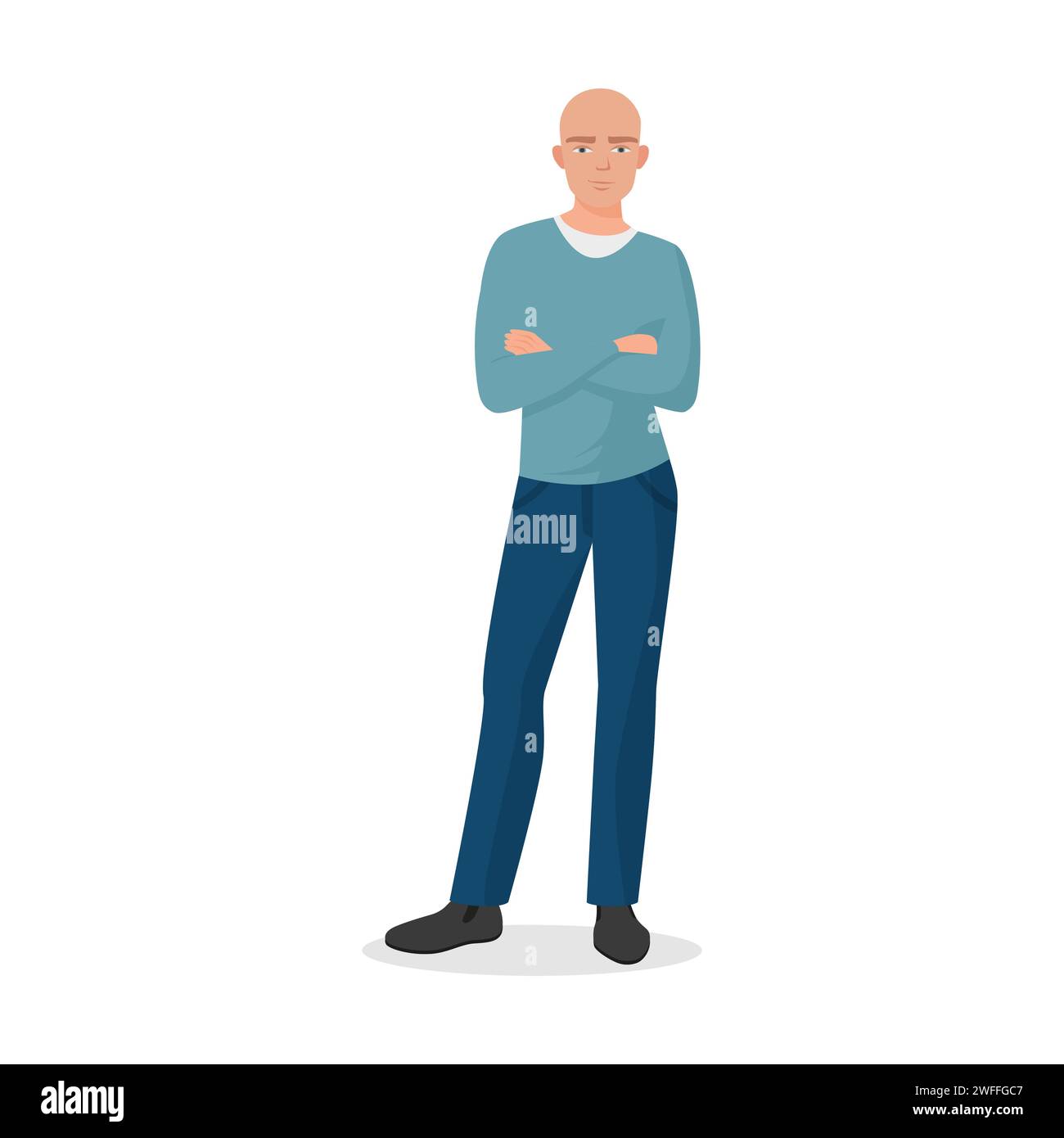 Standing bald man, male character with arms crossed on chest vector illustration Stock Vector