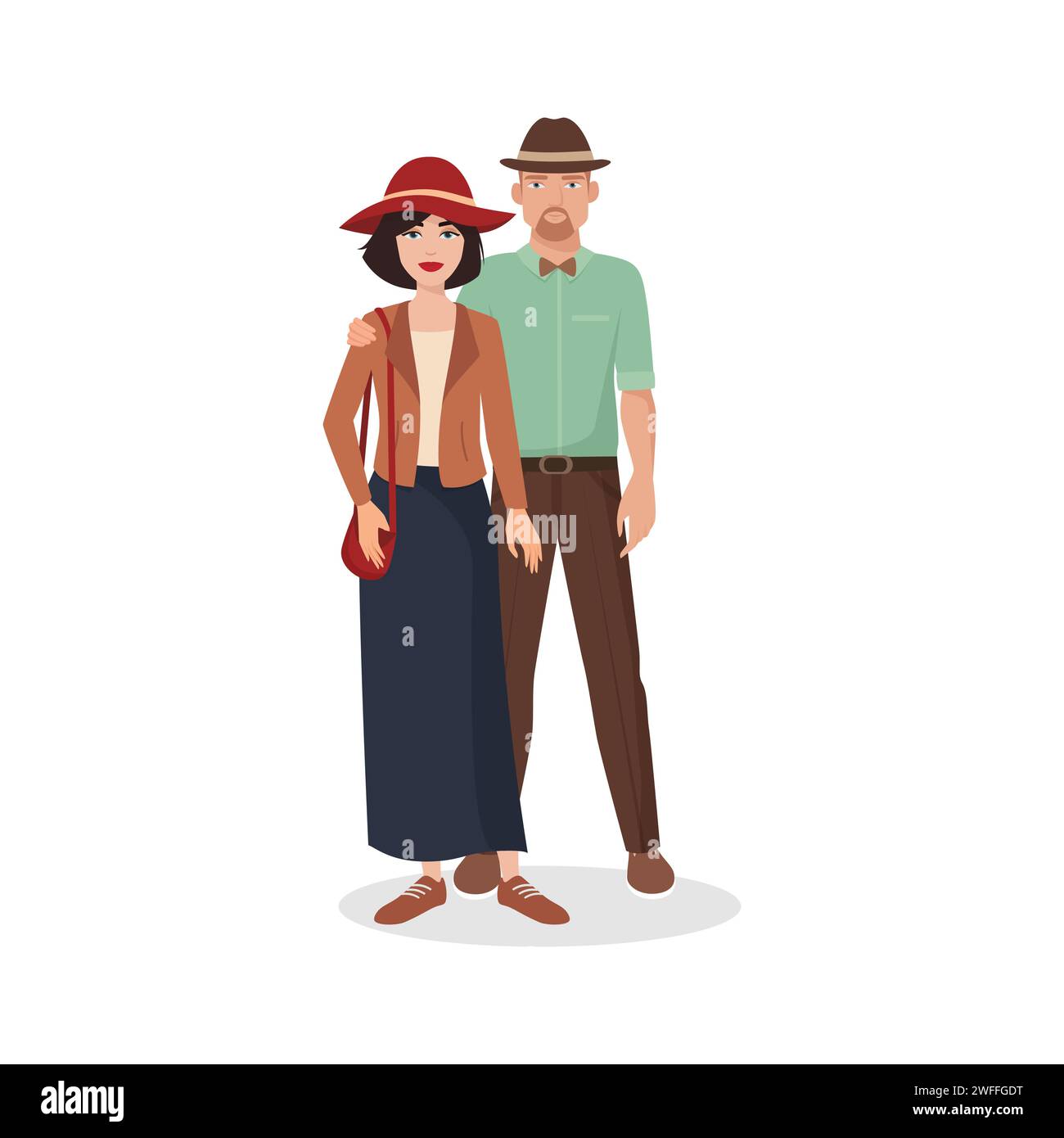 Man and woman standing together, two characters in hats and hipster outfit hugging vector illustration Stock Vector