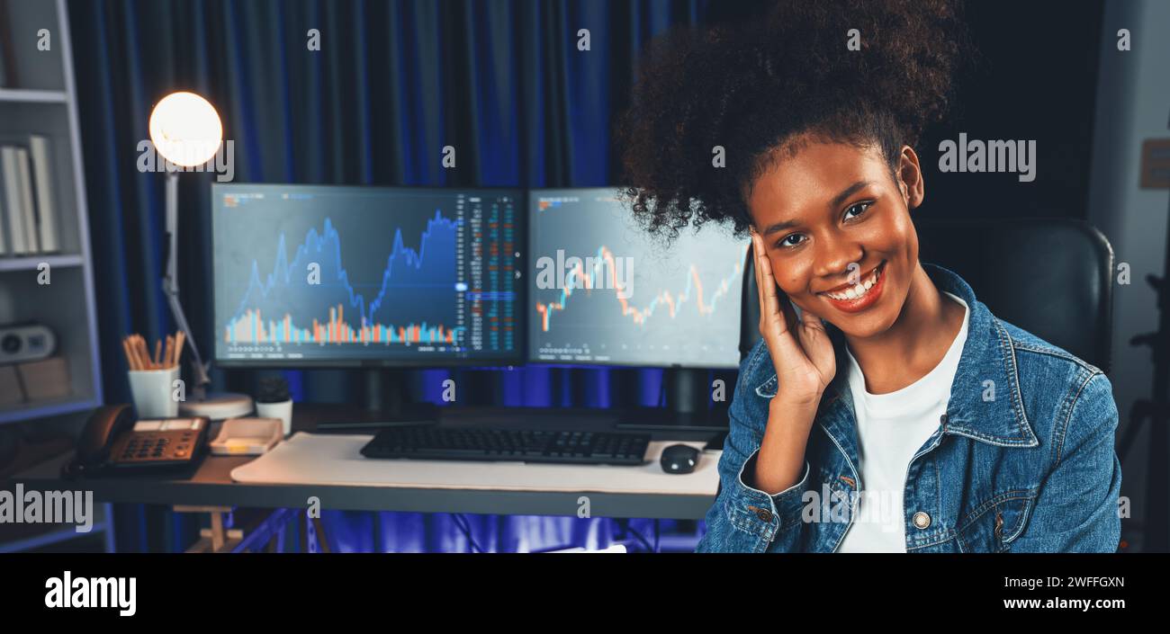 Profile of young African American businesswoman smiling on happy face ...
