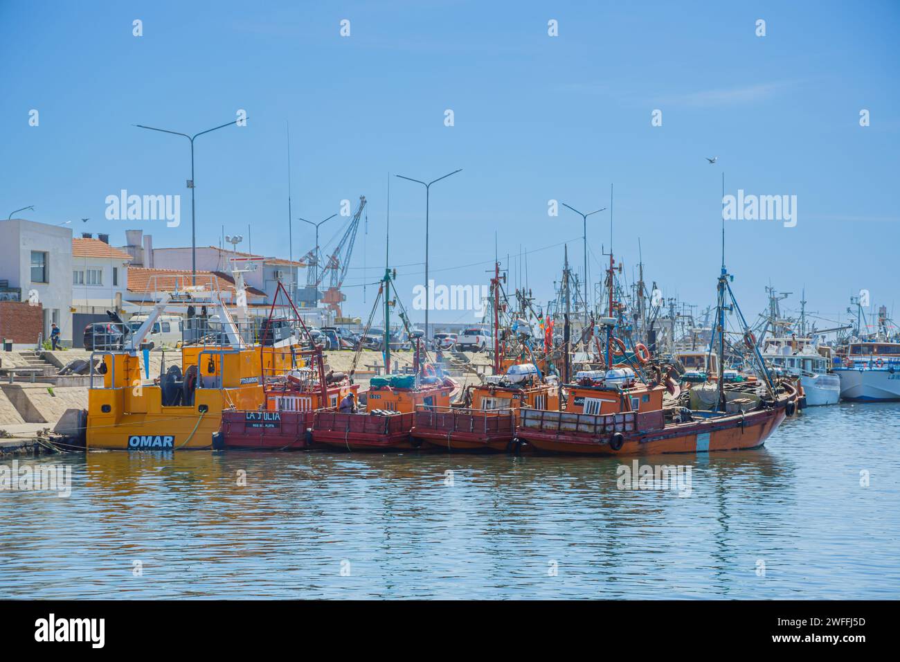 Mar del Plata, Argentina - January 15th, 2024: Fishing boats in the port of Mar del Plata, Buenos Aires. Stock Photo