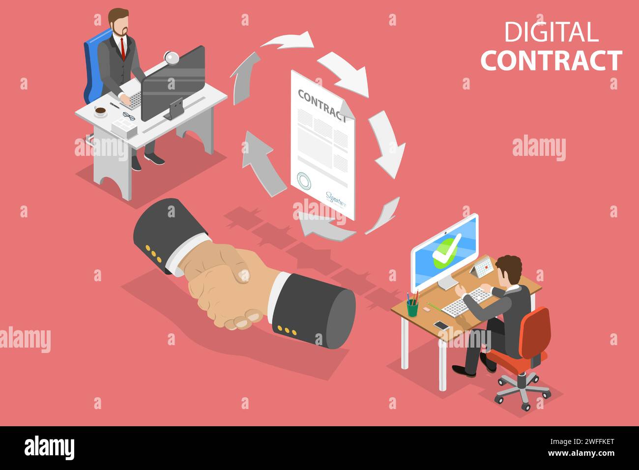 3D Isometric Flat Vector Conceptual Illustration of Smart Contract, Online Agreement Signing, Digital Signature. Stock Vector