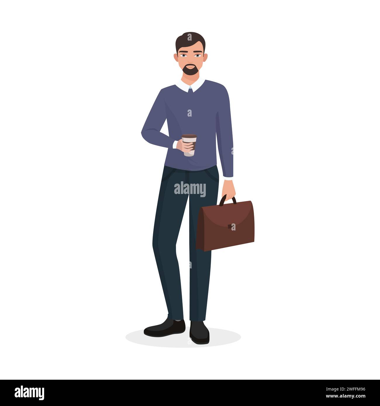 Businessman with beard and briefcase holding cup of coffee, man