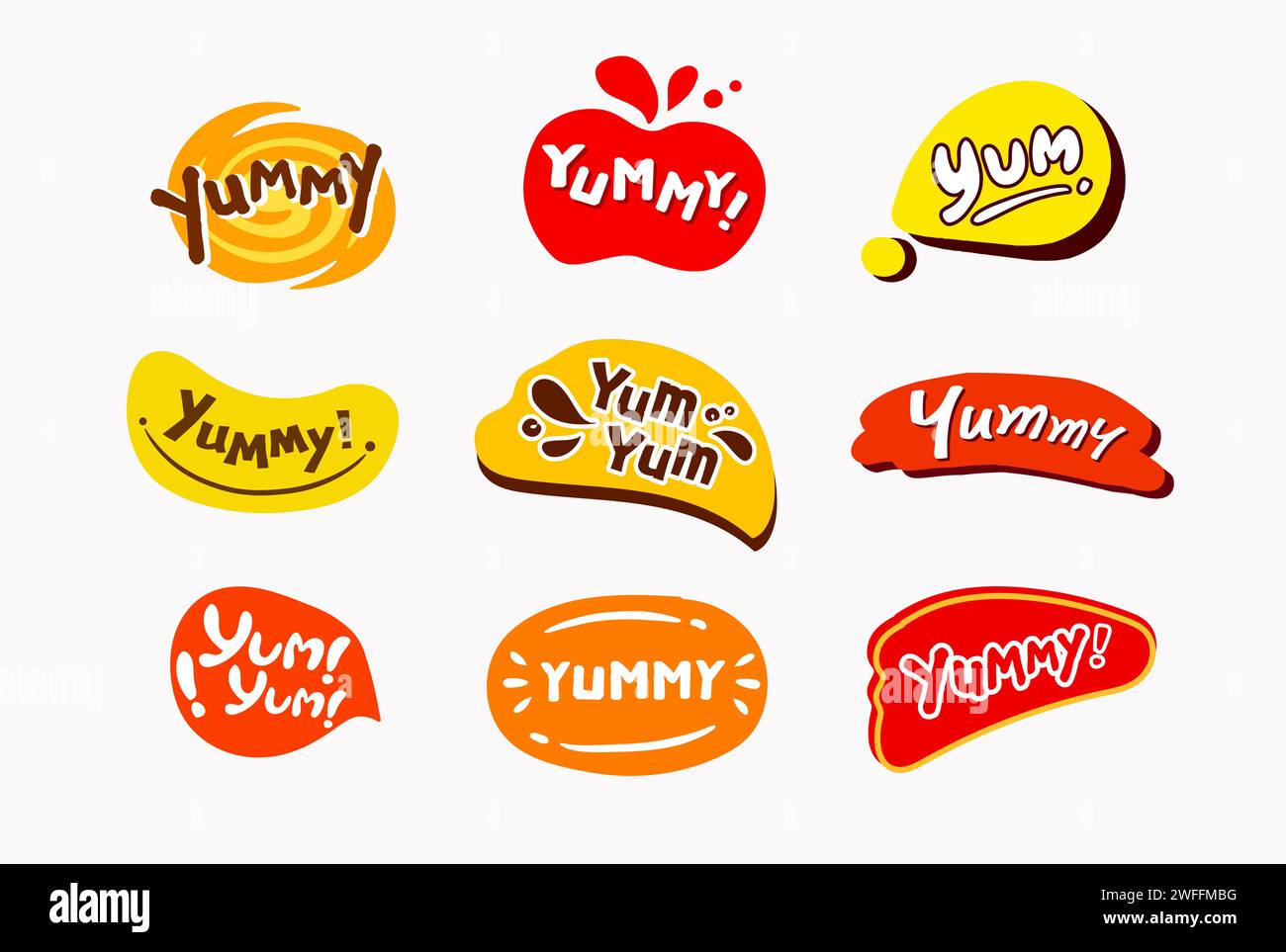 https://c8.alamy.com/comp/2WFFMBG/vector-yummy-speech-bubbles-hand-drawn-collection-cute-icon-talking-bubble-stickers-with-fun-style-2WFFMBG.jpg