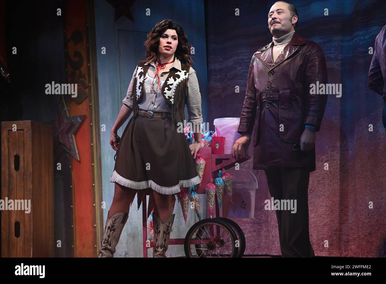 London, UK. 30th Jan, 2024. Gemma Atkins (M) performs at Bronco Billy - The Musical, Director by Hunter Bird and Choreographer by Alexzandra Sarmiento, The Charing Cross Theatre, London, UK. Credit: See Li/Picture Capital/Alamy Live News Stock Photo