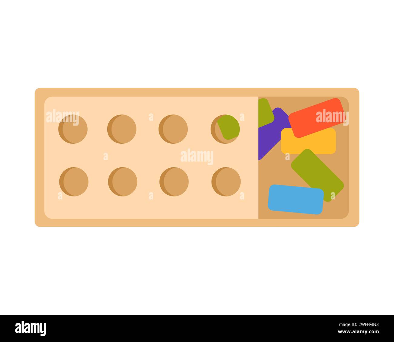 Kid play wooden toys. Colorful montessori games, skills development cartoon vector illustration Stock Vector