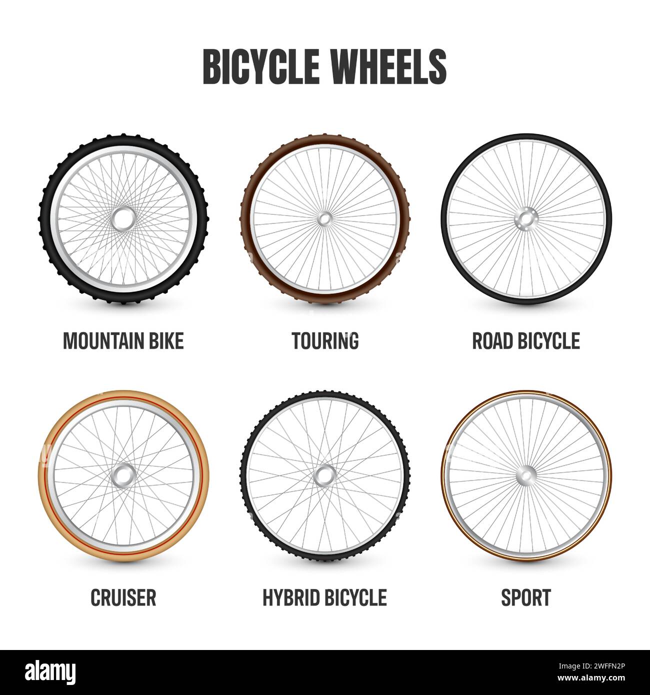 Realistic 3d bicycle wheels. Bike rubber tyres, shiny metal spokes and