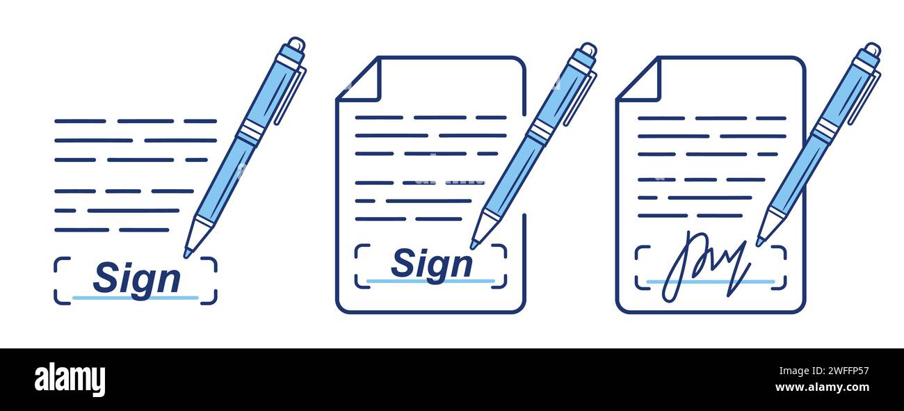 Signature business document with writing pen, online electronic signing digital contract, approve legal paper line icon. E-signature web form. Vector Stock Vector