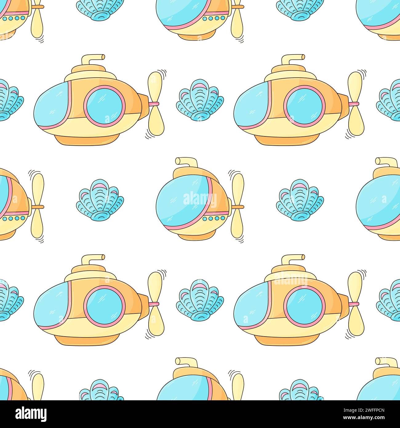 Marine seamless pattern. Submarines. Children's cute hand drawings. Can be used for fabric Stock Vector