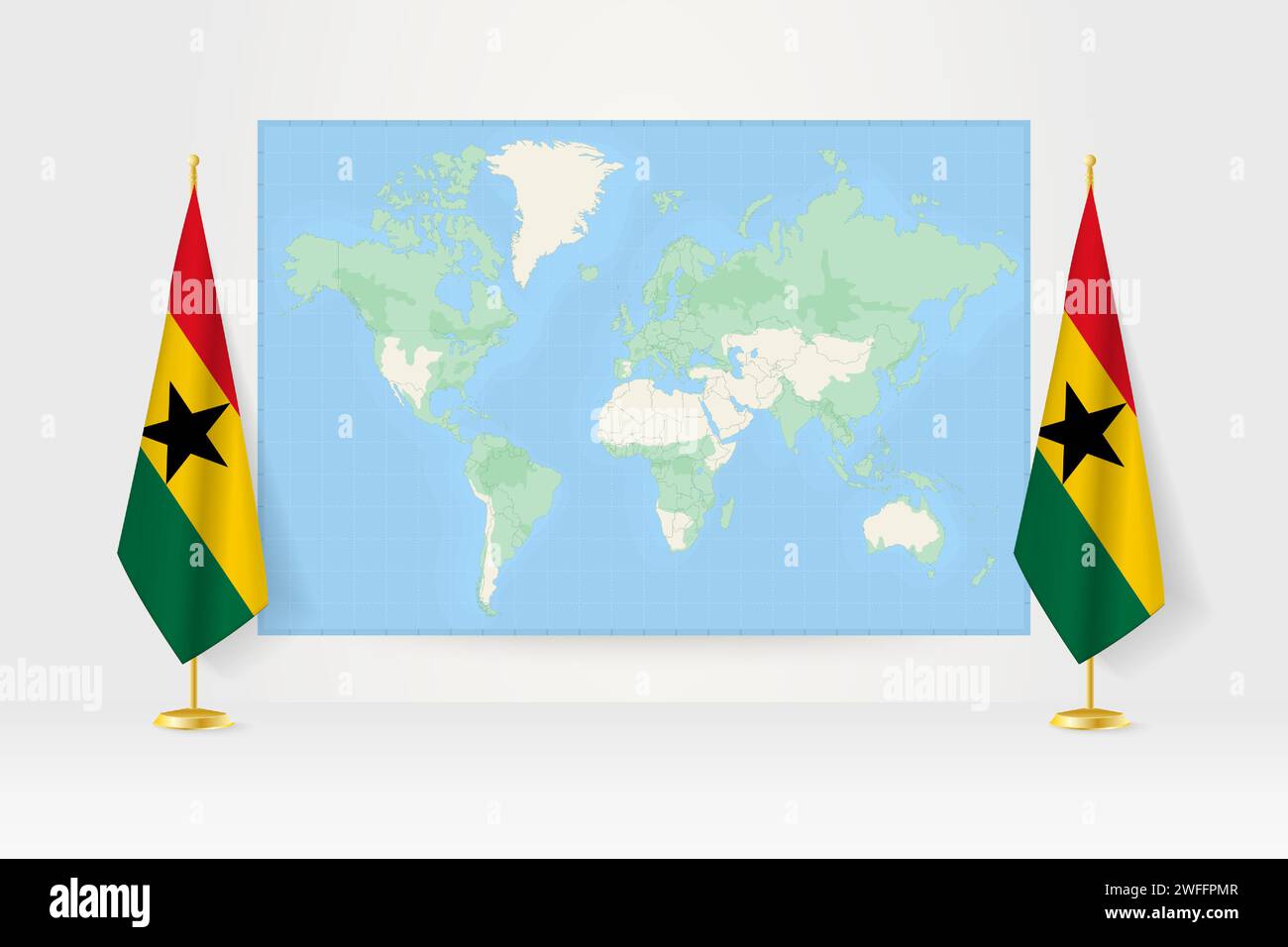 World Map between two hanging flags of Ghana on flag stand. Vector