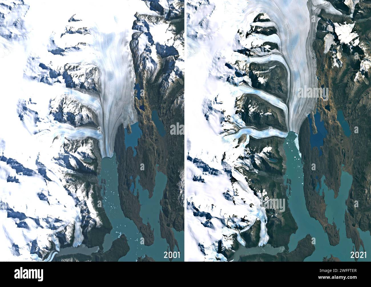 Upsala Glacier, Argentina in 2001 and 2021, satellite image Stock Photo