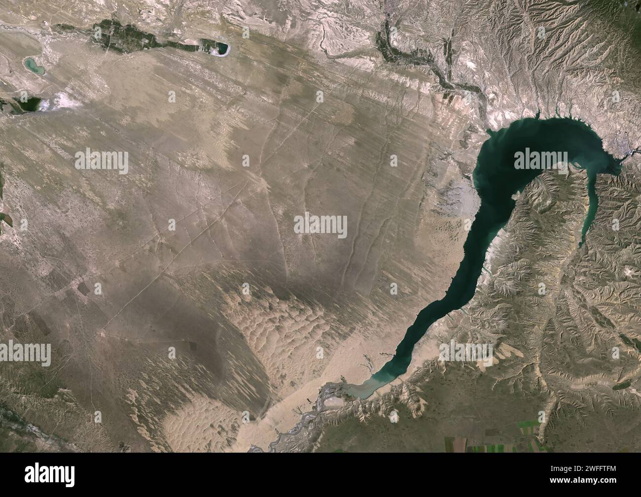 Longyangxia Dam Reservoir, China, in 1987, satellite image Stock Photo