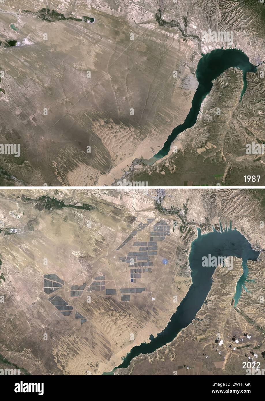 Longyangxia Dam Reservoir, China, 1987 and 2022, satellite image Stock Photo