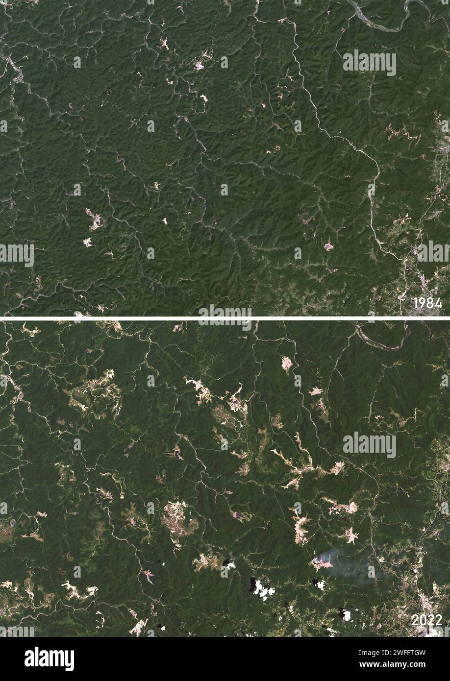 Coal Mines, West Virginia, USA, 1984 and 2022, satellite image Stock