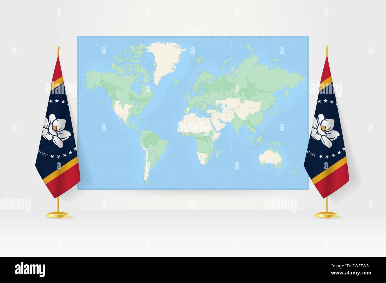 World Map between two hanging flags of Mississippi on flag stand